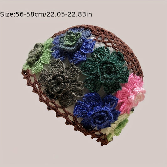 Boho Flower Decor Beanies Vintage Hollow Out Crochet Skull Cap Handmade Knit Hats Classic Breathable Floral Beanie For Women