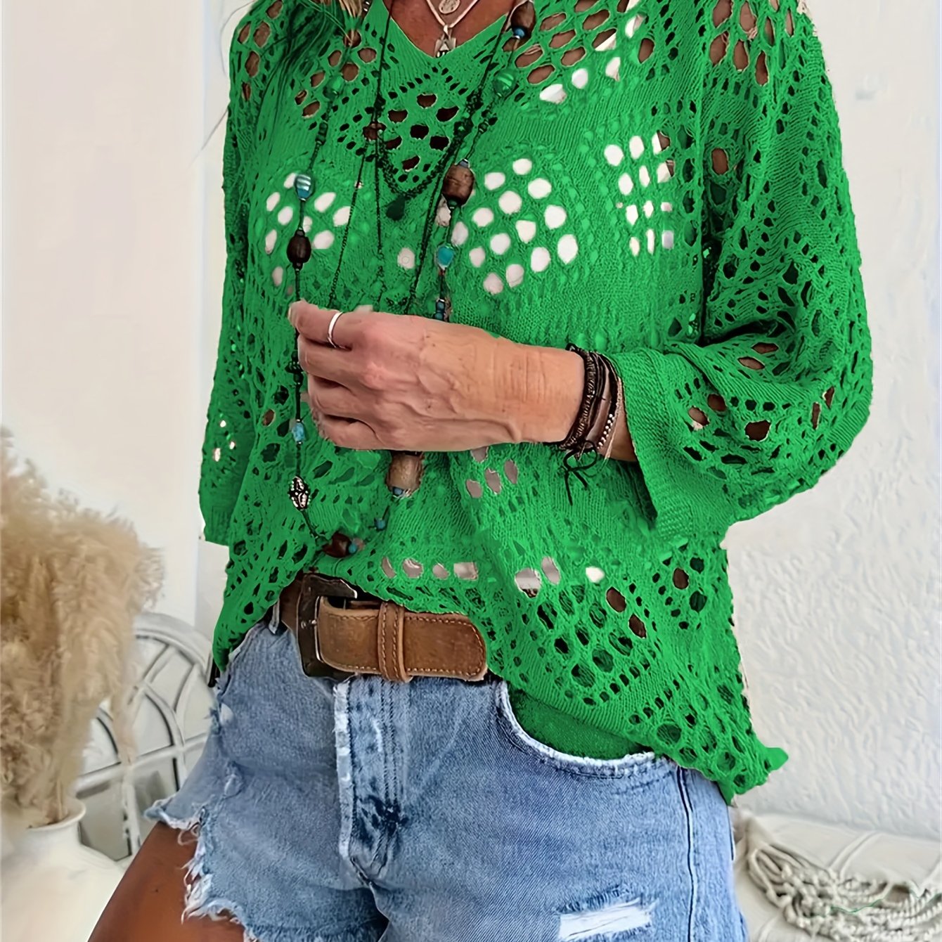 Women's Boho Chic Crochet V-Neck Sweater - Lightweight, Batwing Sleeve, Beach-Ready Knit Top in Solid Green, Breathable Polyester, Perfect for Summer, Crochet Sweater