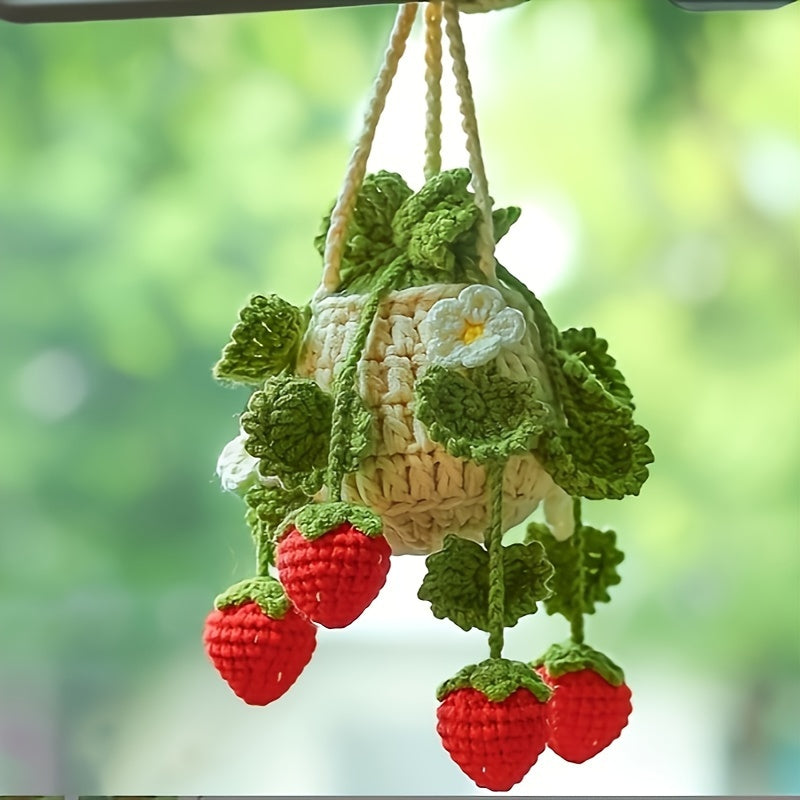 1pc Handmade Crochet Strawberry Car Hanging Ornament - Cute Knitted Decorative Pendant with Car Rearview Mirror Design, Green Leaf & Flower Accents, Car Interior Accessories, Creative and Creative Craftsmanship