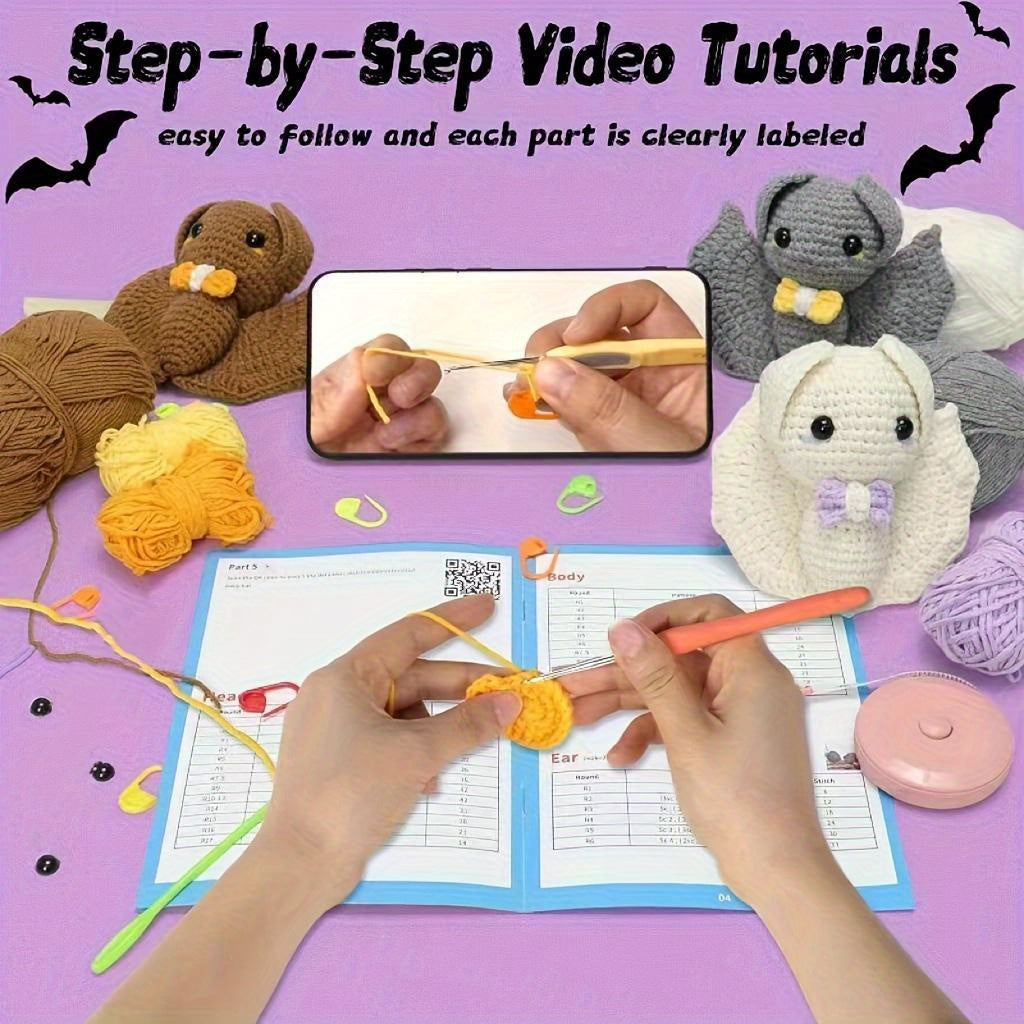 Halloween Bat Crochet Kit For Beginners - Complete Starter Set With Step-By-Step Video Tutorials, Diy Knitting Supplies In White, Gray & Brown, Cute Decorative Ornaments, Perfect Holiday Gift Craft Halloween Kits