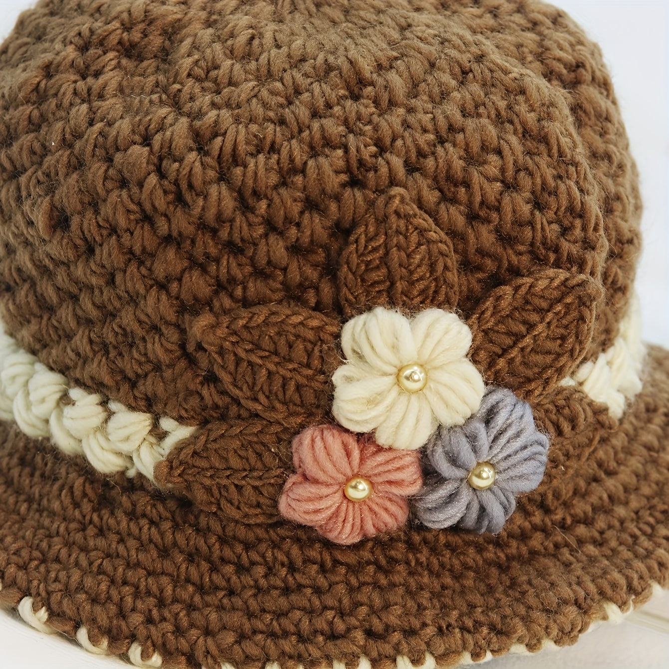 Vintage Flower Crochet Bucket Hat Thick Coldproof Basin Hats Warm Fisherman Cap For Women daily use Autumn & Winter