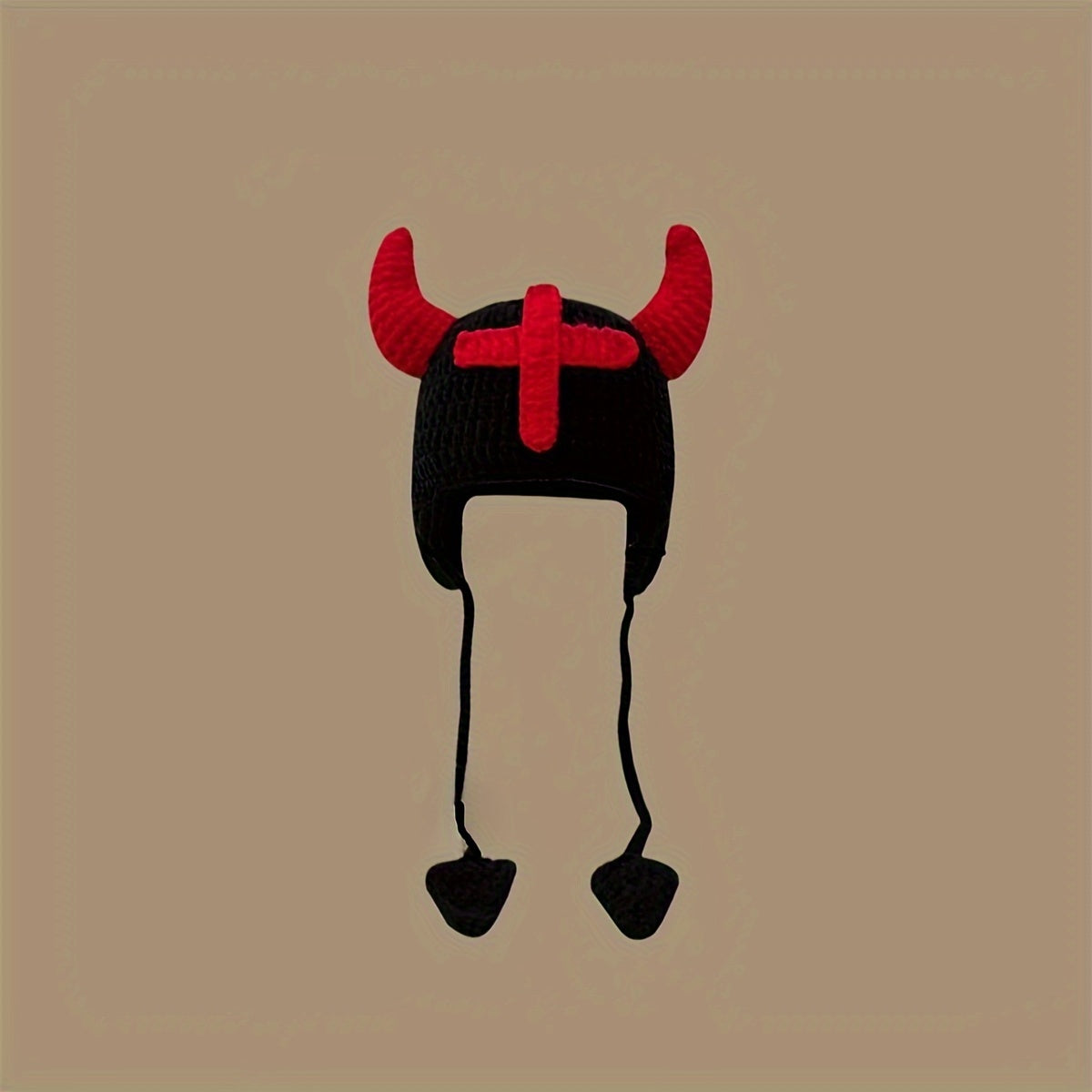 Gothic Cross Horns Crochet Beanie Black Red Color Block Ear Flap Hat Lightweight Warm Skull Cap Viking Beanies For Women Men Autumn & Winter