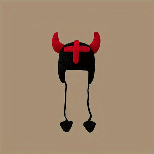 Gothic Cross Horns Crochet Beanie Black Red Color Block Ear Flap Hat Lightweight Warm Skull Cap Viking Beanies For Women Men Autumn & Winter