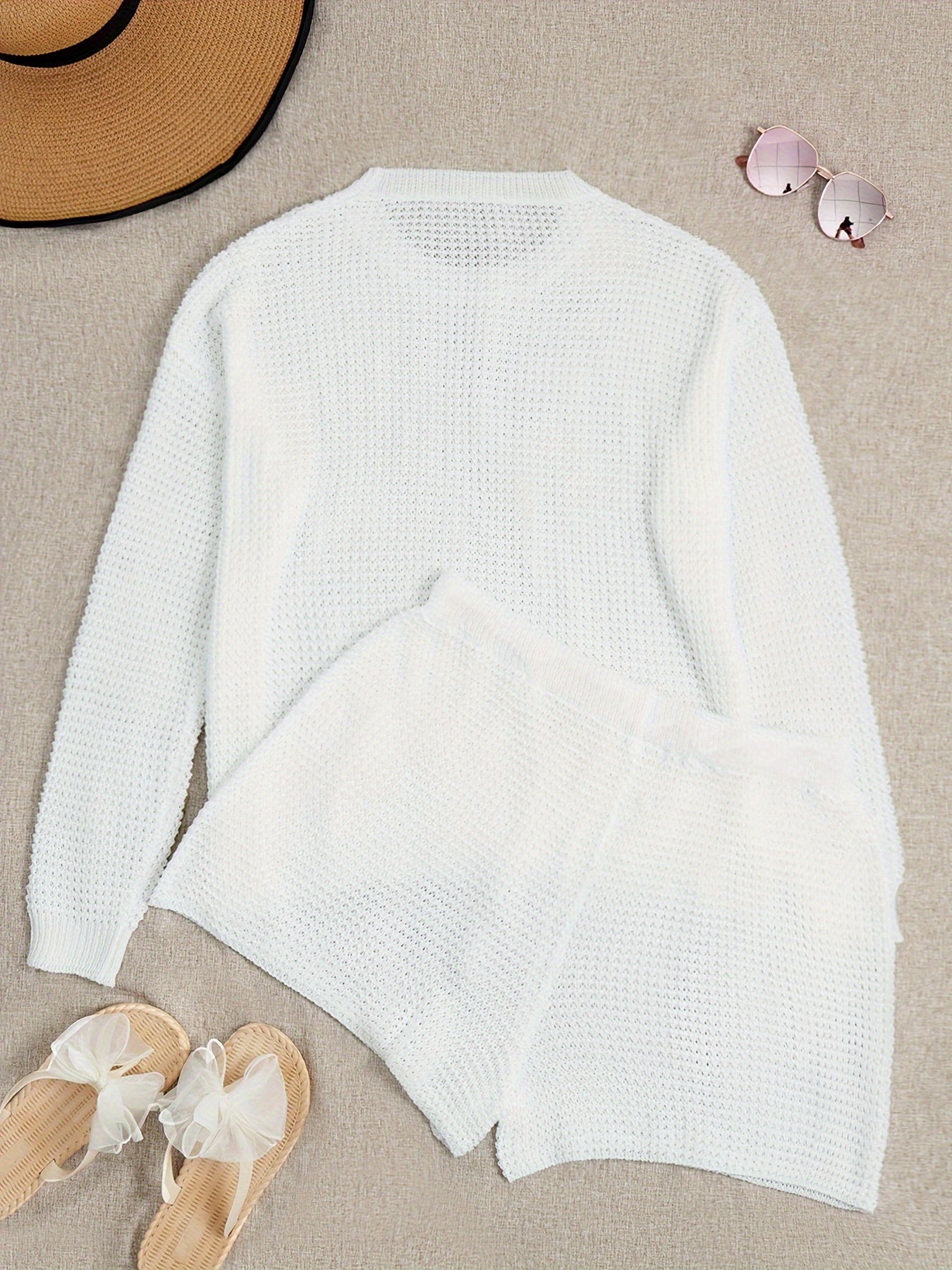 Plus Size Solid Crochet Two-piece Set, Cut Out Crew Neck Long Sleeve Top & Shorts Outfits, Women's Plus Size Clothing