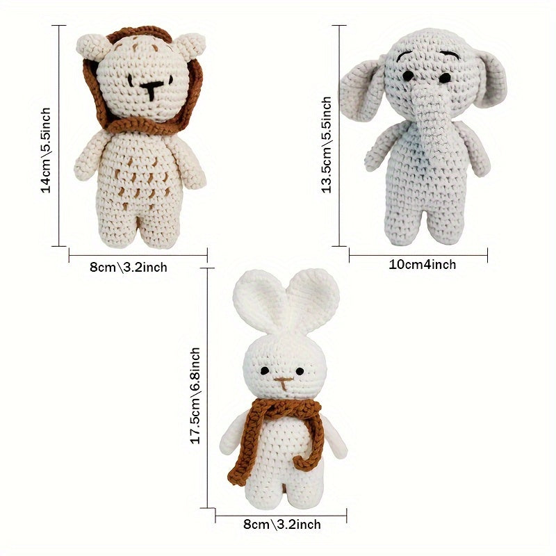 Handcrafted Crochet Animal Plush Toys - Elephant, Lion & Bunny - Soft Cotton Play Dolls in Khaki/Grey/White - Perfect Keepsake Gift