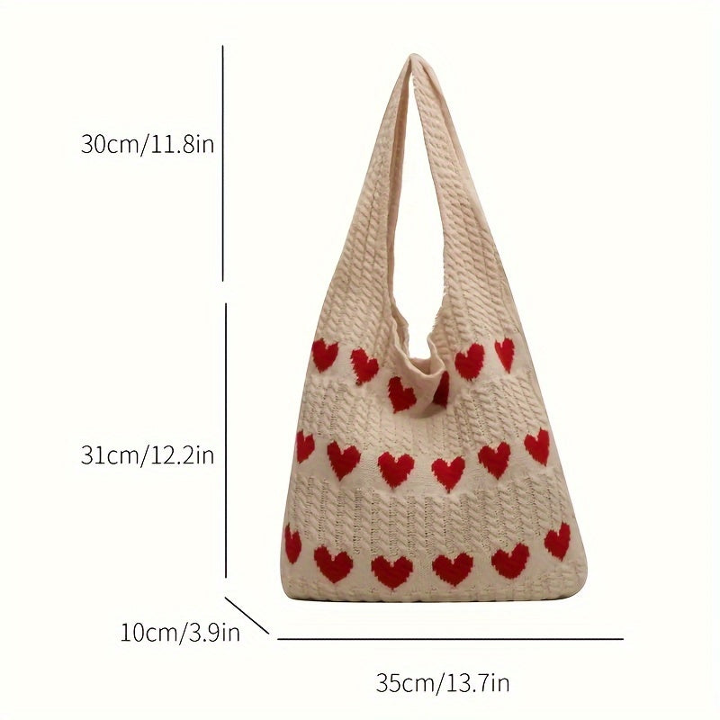 Vibrant Geometric Heart Pattern Tote Bag - Durable, Casual, and Fashionable Shoulder Bag with Knitted and Crochet Details - Ideal Valentine's Day Gift and Fashion Accessory for Daily Use