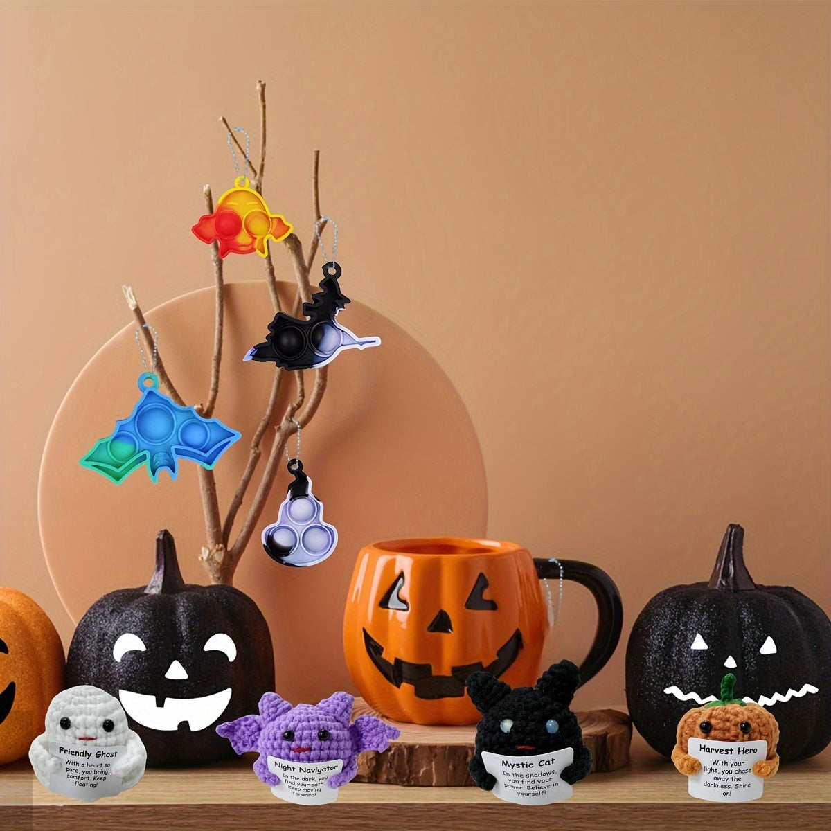 Halloween Knitted Wool Miniature Toy Set with Inspirational Cards - 2/4pcs Cotton Handmade Crochet Dolls for Encouragement, Party Favors, and Halloween Decor - General Fit, Electricity-Free, Featherless, Suitable for Ages 14+
