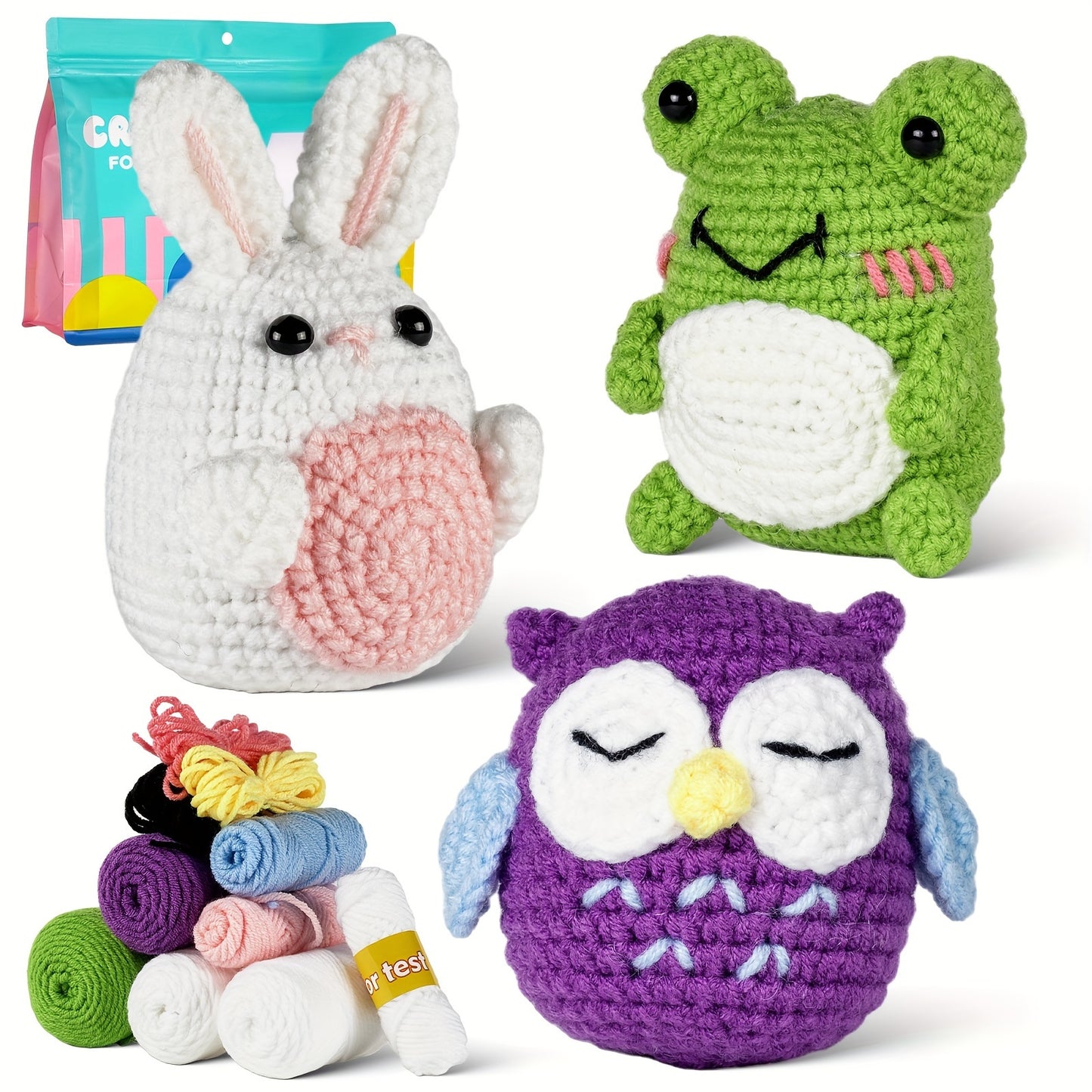3pcs crochet kit material pack, handmade DIY made frog+owl+rabbit three in one set for dolls. Beginner crochet kit set with step-by-step instructions and video tutorials. Homemade birthday gift, doll art, crafts, and sewing s
