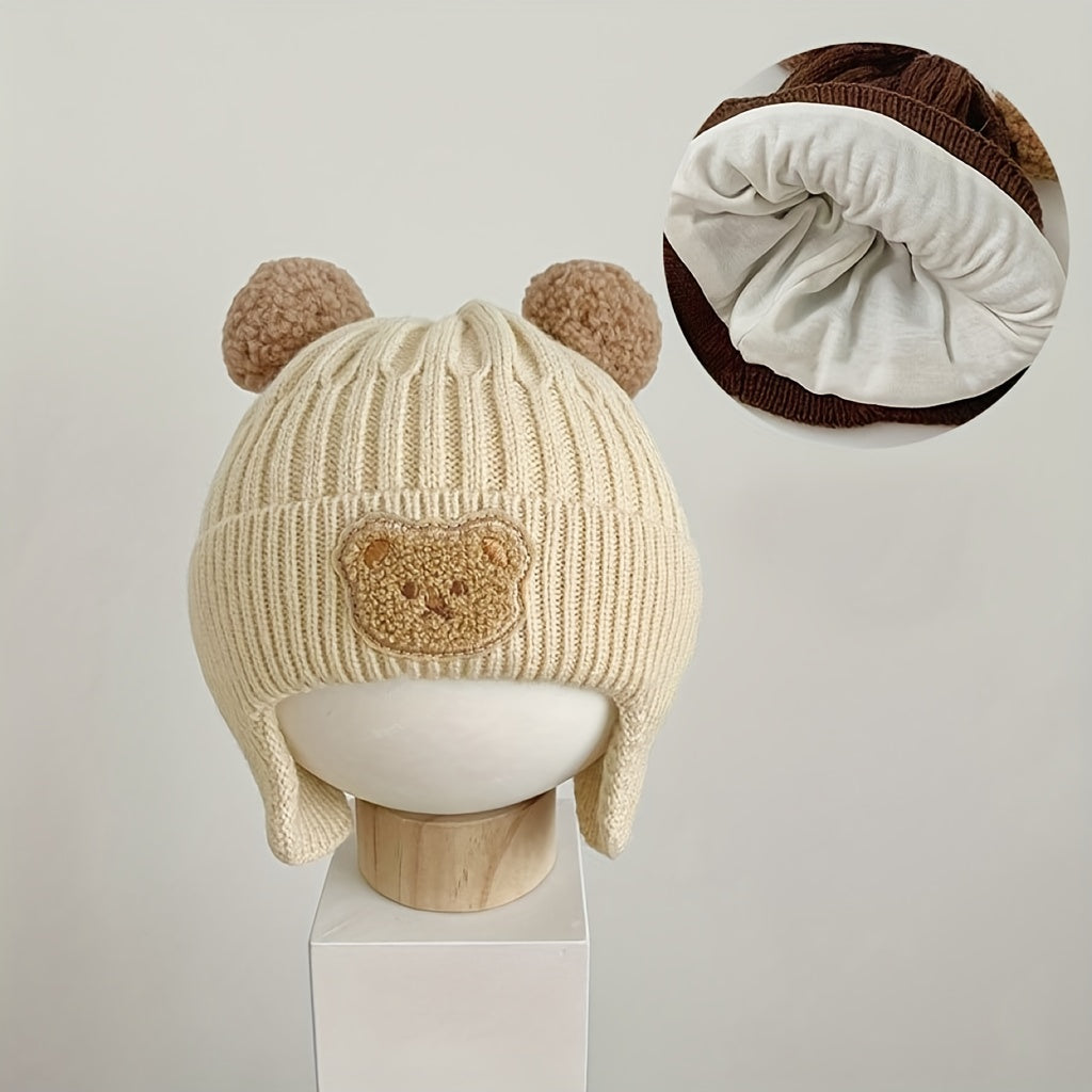 1pc Cute Bear Ear Youngsters Beanie Cap - Cozy Knitted Winter Hat for Youngsters, Boys & Girls | Warm, Soft Crochet Design with Adorable Bear Patch | Stretch Fit 8 Months-4 Years | Hand Washable, Youngsters Hat