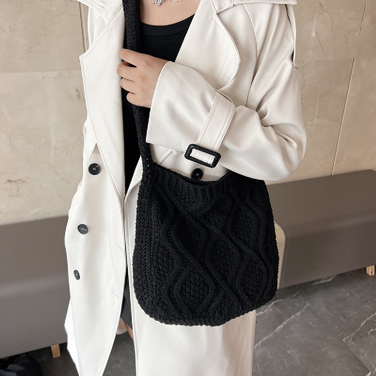 Large Capacity Literary Crochet Shoulder Bag, Women's Simple Woven Handbag for Shopping