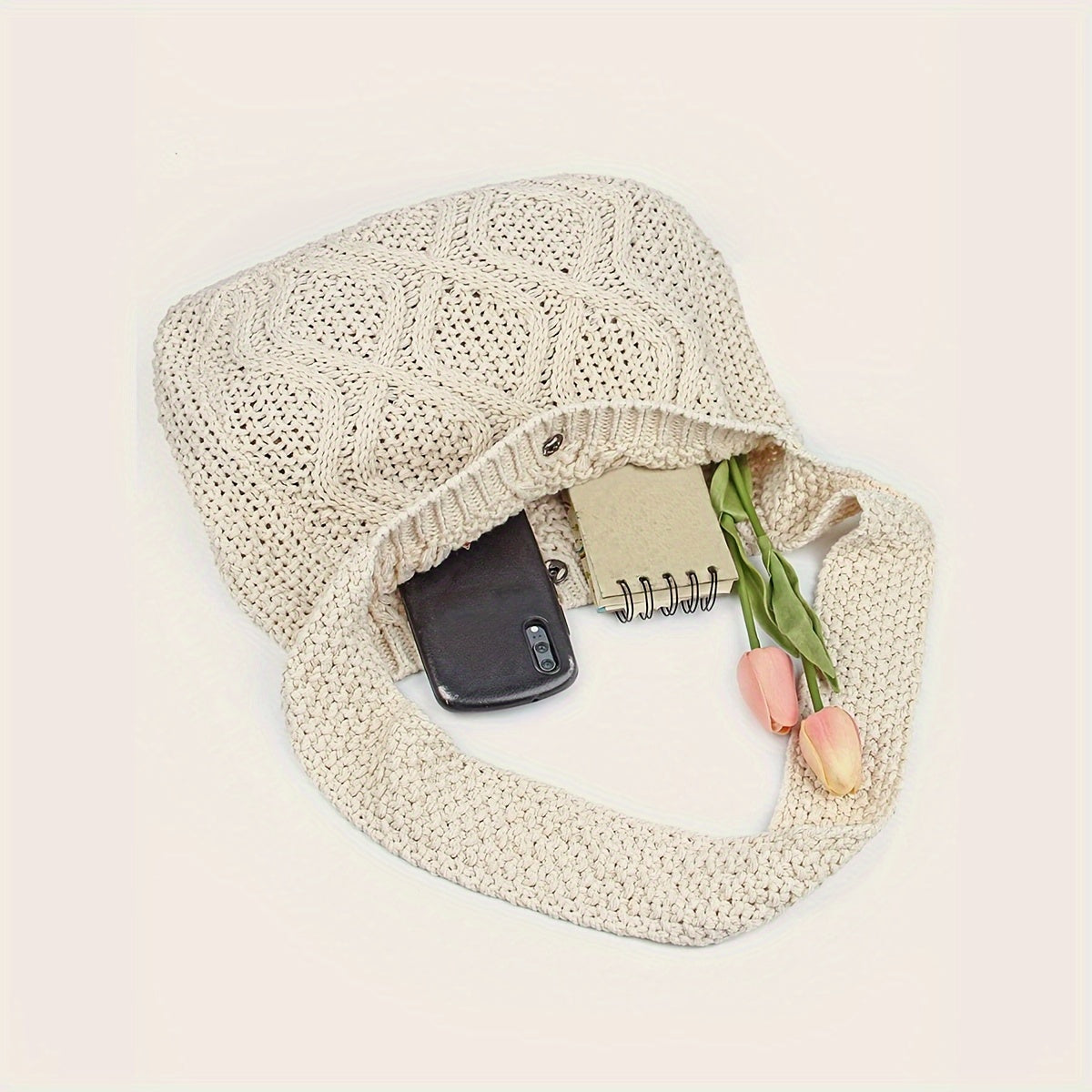 Large Capacity Literary Crochet Shoulder Bag, Women's Simple Woven Handbag for Shopping