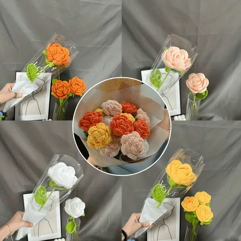 Lifelike Handmade 6-Pack Crochet Roses - Featherless, No Battery Required, Ideal for Valentine's, Mother'S Day & Birthday Gifts