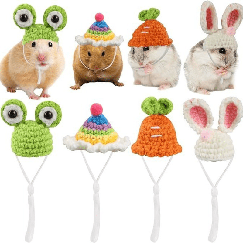 4-Pack Handmade Crochet Animal Hats for Hamsters, Small Pets and Reptiles - Polyester Cozy Caps with Cute Ear and Eye Accents for Christmas and Winter Season