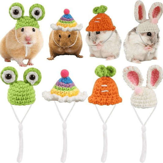 4-Pack Handmade Crochet Animal Hats for Hamsters, Small Pets and Reptiles - Polyester Cozy Caps with Cute Ear and Eye Accents for Christmas and Winter Season