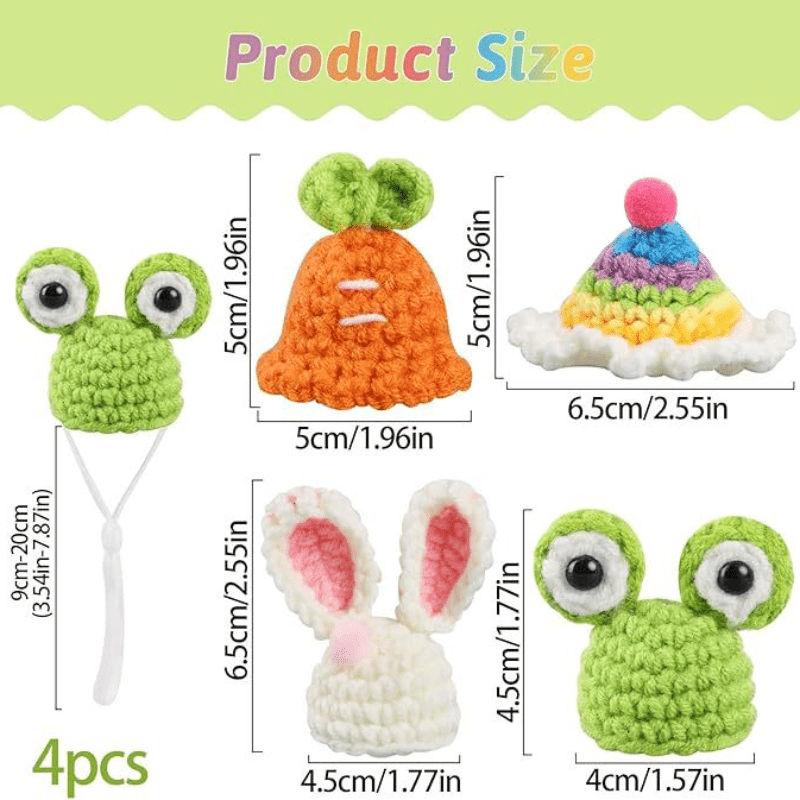 4-Pack Handmade Crochet Animal Hats for Hamsters, Small Pets and Reptiles - Polyester Cozy Caps with Cute Ear and Eye Accents for Christmas and Winter Season