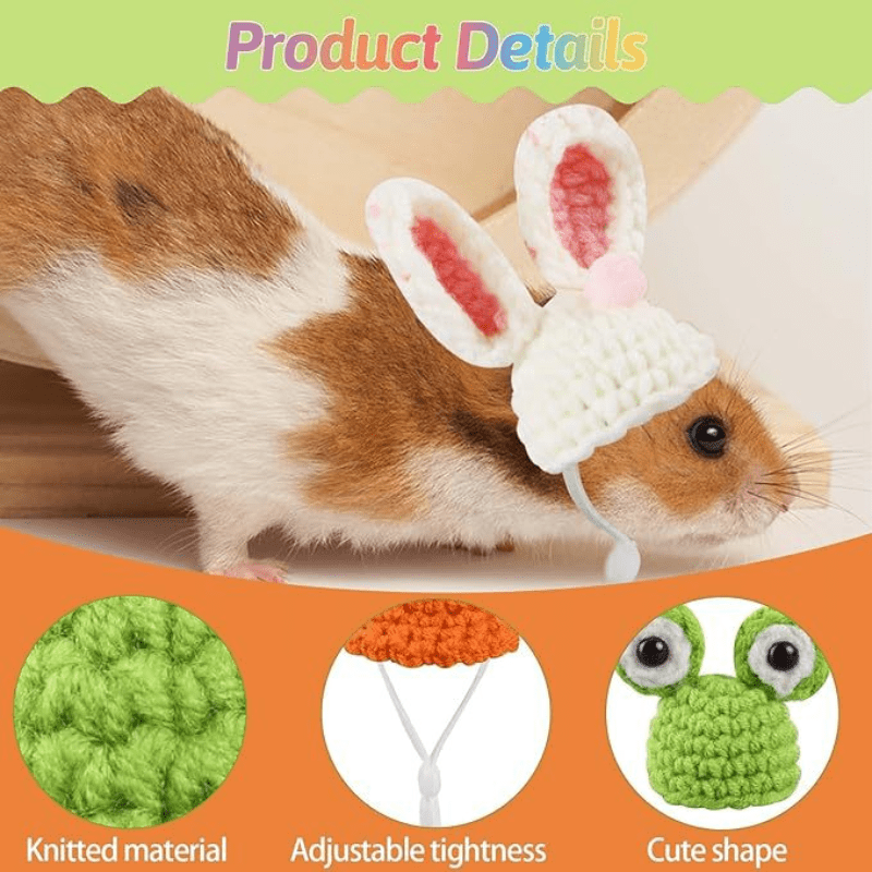 4-Pack Handmade Crochet Animal Hats for Hamsters, Small Pets and Reptiles - Polyester Cozy Caps with Cute Ear and Eye Accents for Christmas and Winter Season