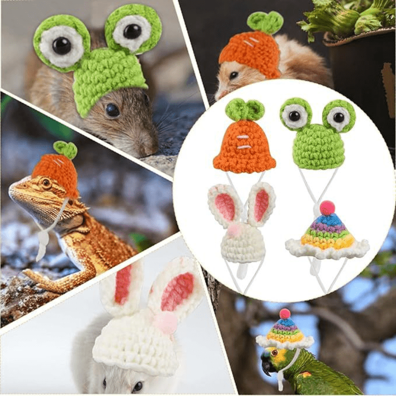 4-Pack Handmade Crochet Animal Hats for Hamsters, Small Pets and Reptiles - Polyester Cozy Caps with Cute Ear and Eye Accents for Christmas and Winter Season