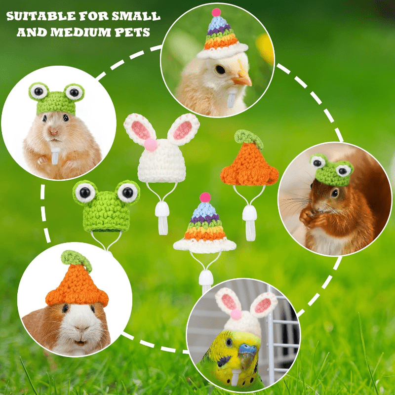 4-Pack Handmade Crochet Animal Hats for Hamsters, Small Pets and Reptiles - Polyester Cozy Caps with Cute Ear and Eye Accents for Christmas and Winter Season