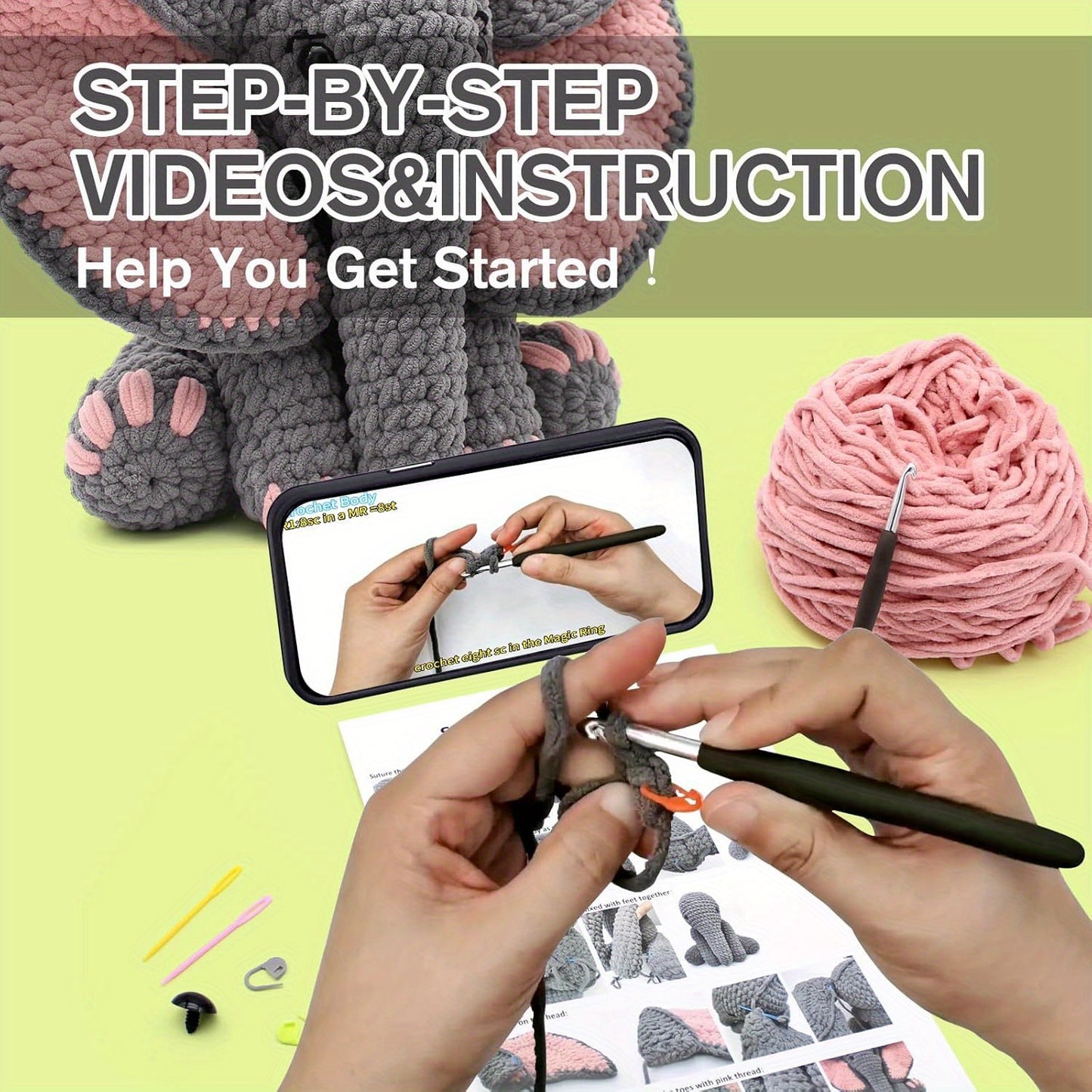 Crochet Kit For Beginners, Crochet Animal Kit Elephant, Crochet Starter Kit Gift For Adults With Yarn Sets, Crochet Kits With Step-by-Step Video Tutorials