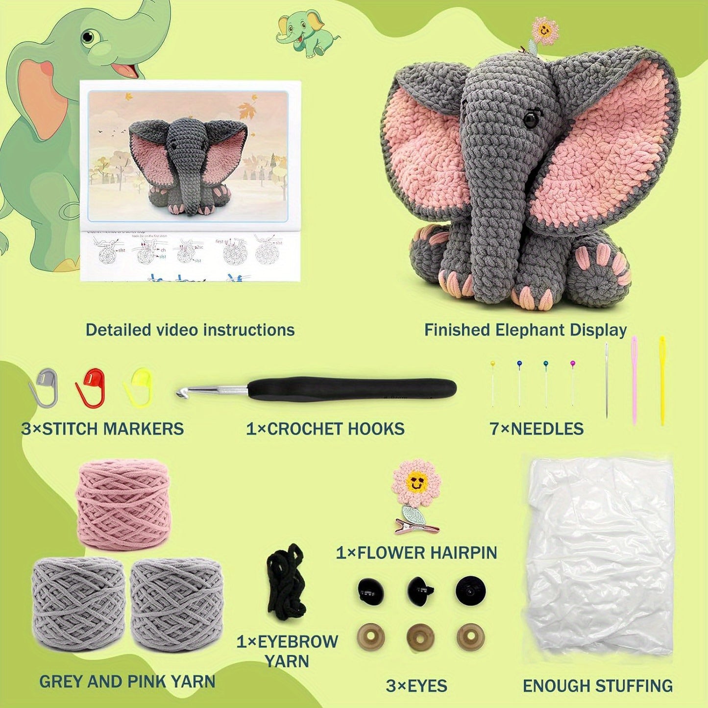 Crochet Kit For Beginners, Crochet Animal Kit Elephant, Crochet Starter Kit Gift For Adults With Yarn Sets, Crochet Kits With Step-by-Step Video Tutorials