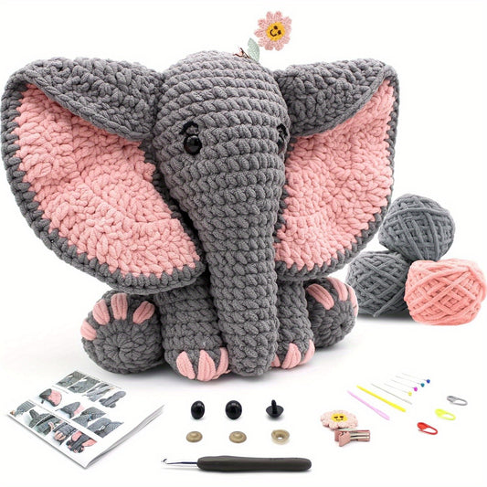 Crochet Kit For Beginners, Crochet Animal Kit Elephant, Crochet Starter Kit Gift For Adults With Yarn Sets, Crochet Kits With Step-by-Step Video Tutorials