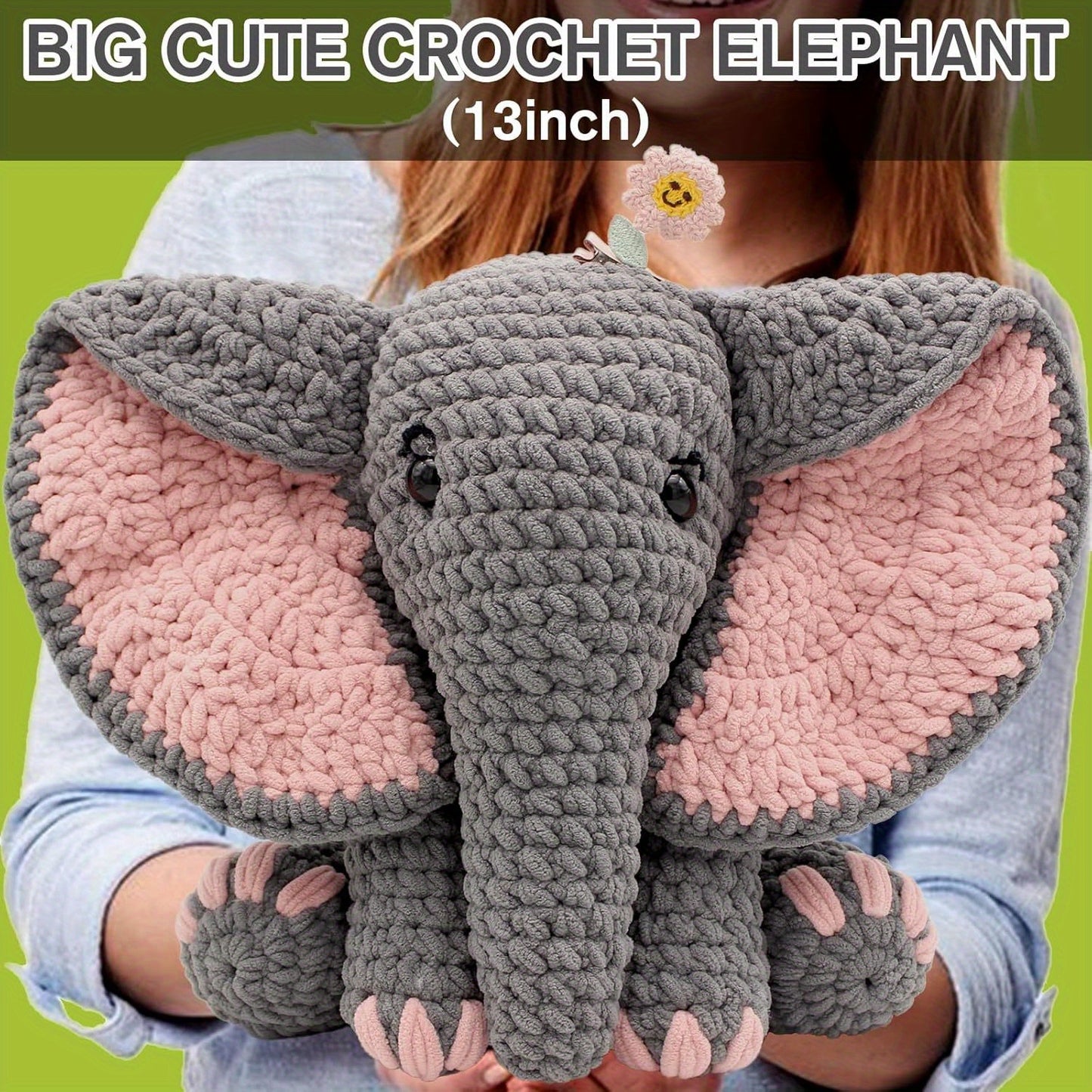 Crochet Kit For Beginners, Crochet Animal Kit Elephant, Crochet Starter Kit Gift For Adults With Yarn Sets, Crochet Kits With Step-by-Step Video Tutorials