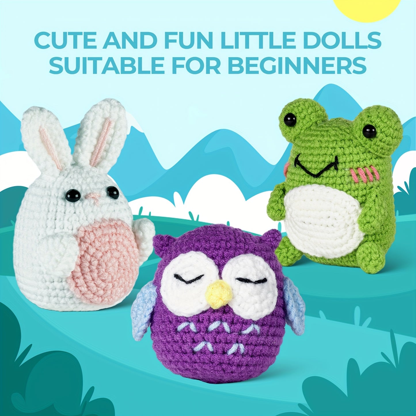3pcs crochet kit material pack, handmade DIY made frog+owl+rabbit three in one set for dolls. Beginner crochet kit set with step-by-step instructions and video tutorials. Homemade birthday gift, doll art, crafts, and sewing s