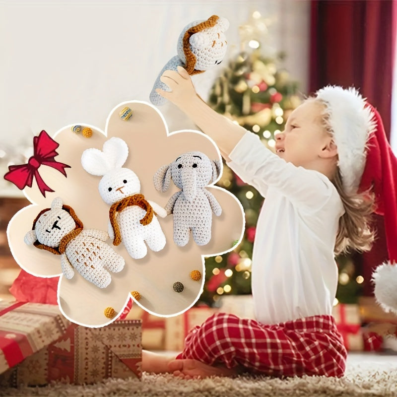 Handcrafted Crochet Animal Plush Toys - Elephant, Lion & Bunny - Soft Cotton Play Dolls in Khaki/Grey/White - Perfect Keepsake Gift