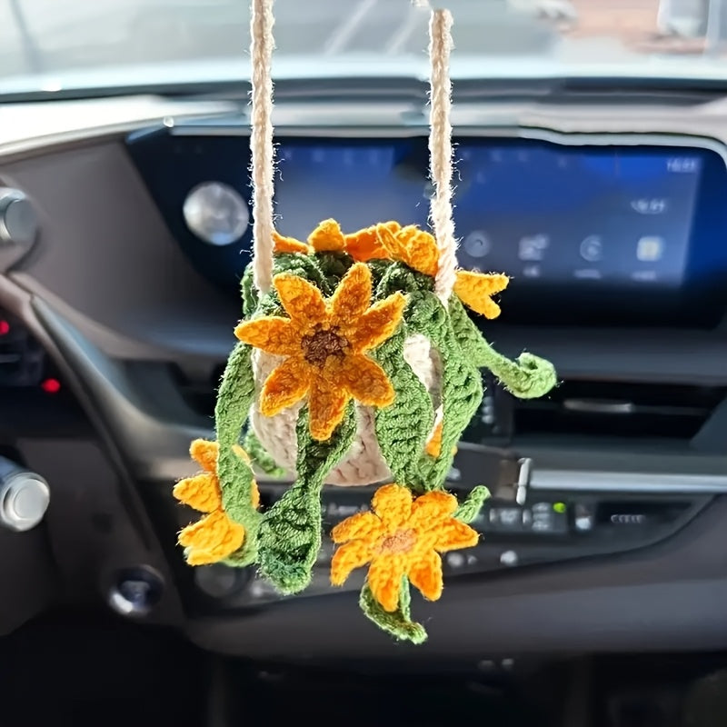 1pc Handmade Crochet Strawberry Car Hanging Ornament - Cute Knitted Decorative Pendant with Car Rearview Mirror Design, Green Leaf & Flower Accents, Car Interior Accessories, Creative and Creative Craftsmanship