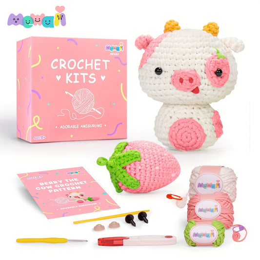 Mewaii Strawberry Pink Cow Crochet Kit For Beginners, Complete DIY Crochet Kit Animals With 40%+ Pre-Started Tape Yarn Step-by-Step Video Tutorials Halloween Birthday Easter Christmas Gift