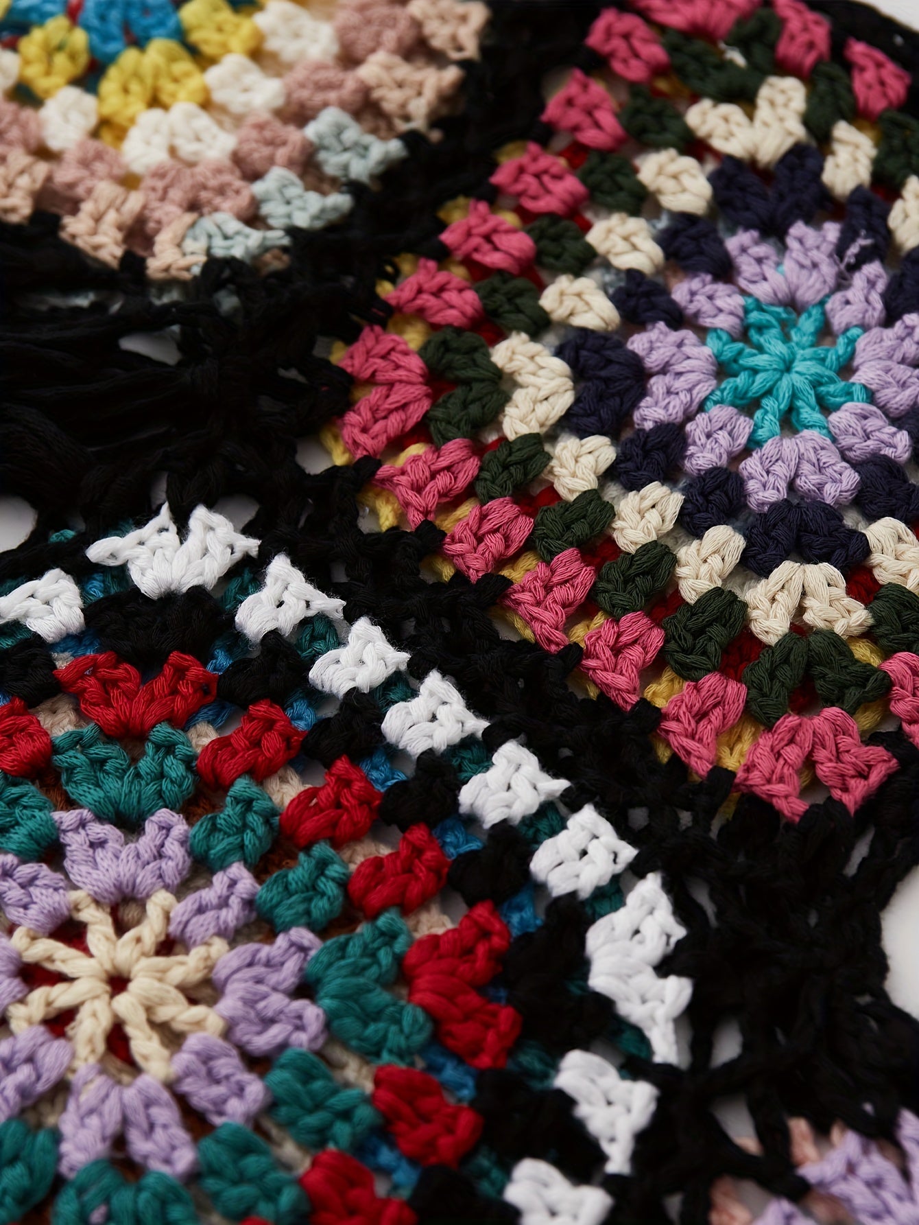 Colorful Boho Crochet Fringe Cami Top - V-Neck, Sleeveless, Versatile & Vacation-Ready, Handmade Acrylic Tassel Detail, Perfect for Layering