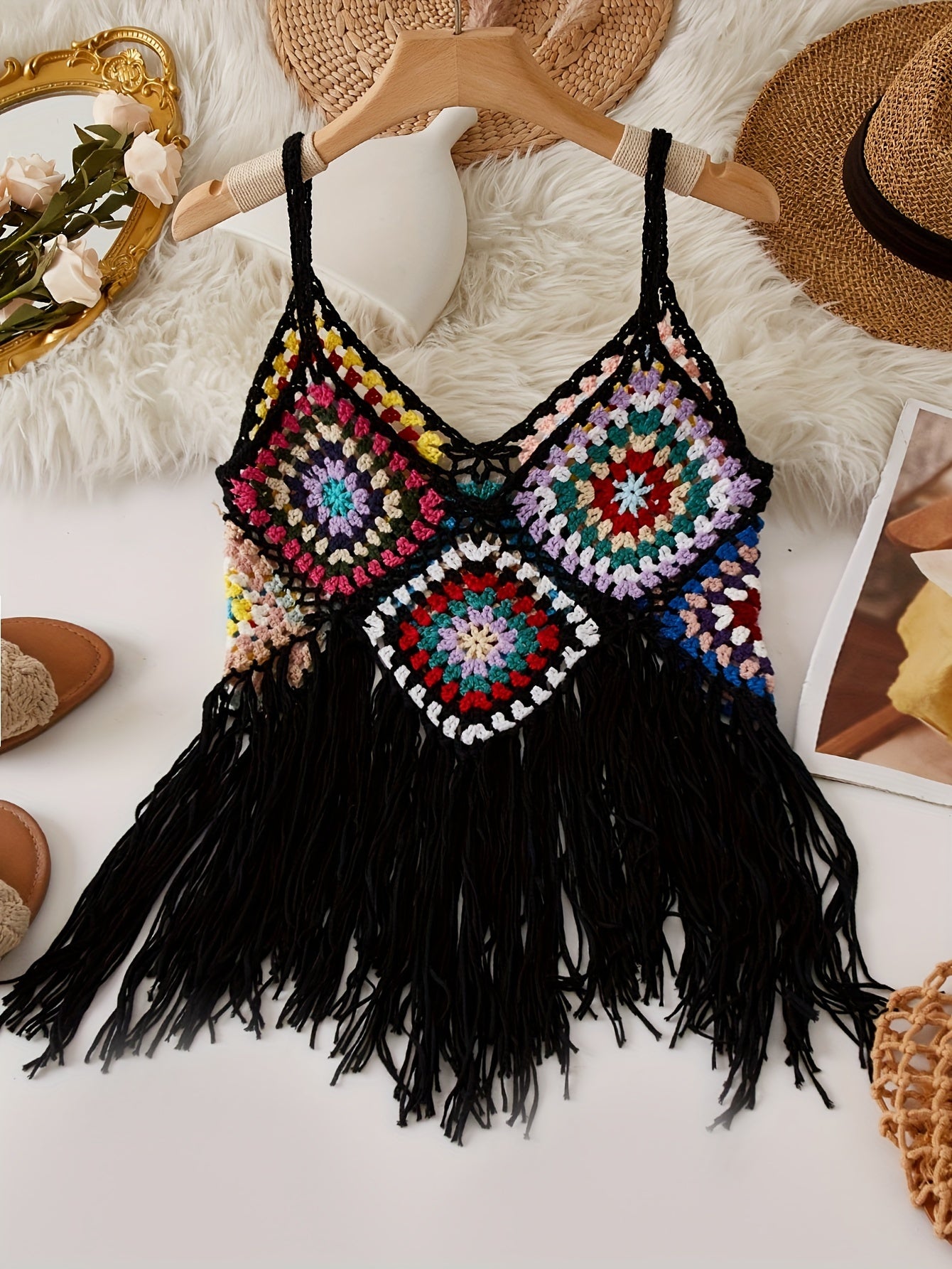 Colorful Boho Crochet Fringe Cami Top - V-Neck, Sleeveless, Versatile & Vacation-Ready, Handmade Acrylic Tassel Detail, Perfect for Layering
