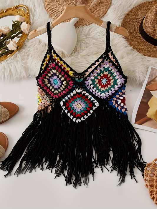 Colorful Boho Crochet Fringe Cami Top - V-Neck, Sleeveless, Versatile & Vacation-Ready, Handmade Acrylic Tassel Detail, Perfect for Layering