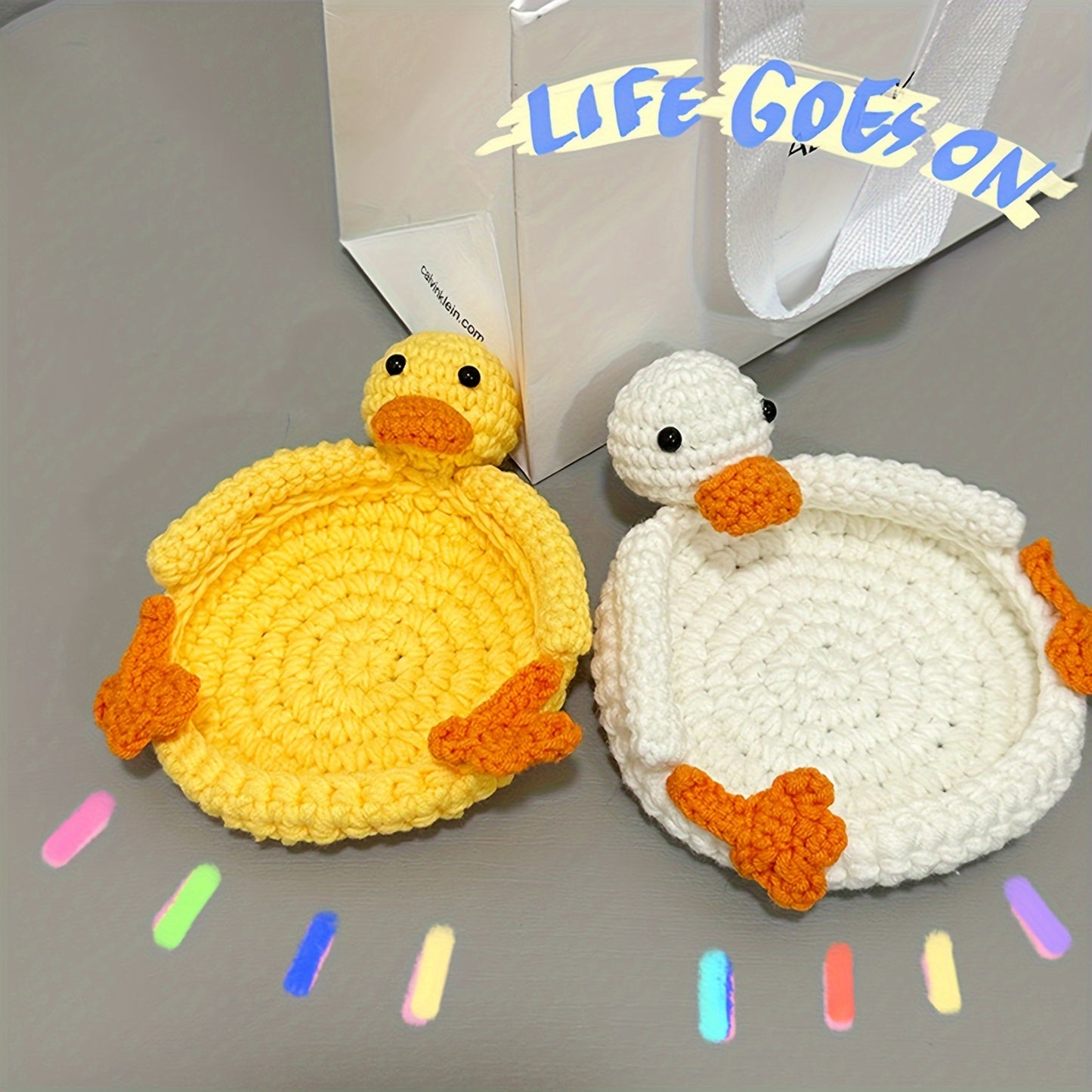 Whimsical Handmade Crochet Duck Coaster Set - Vibrant Fun Animal Mug Rug for Home Decor, Creative Knitted Housewarming Gift for Daughter, Mom, Teacher, and More - Soft Fabric Material, Suitable for Ages 14+, Pack of 1