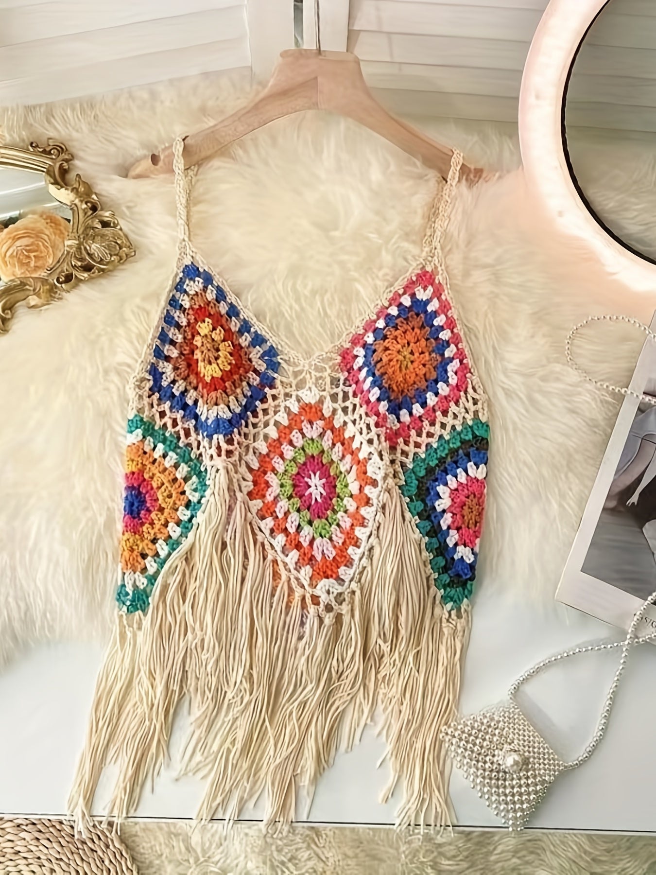 Colorful Boho Crochet Fringe Cami Top - V-Neck, Sleeveless, Versatile & Vacation-Ready, Handmade Acrylic Tassel Detail, Perfect for Layering