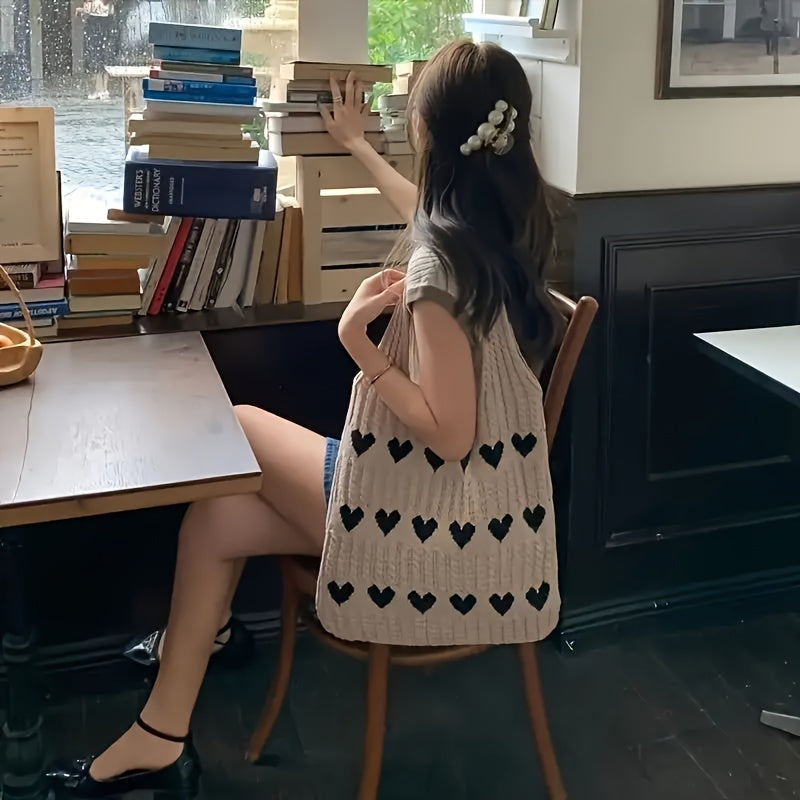 Vibrant Geometric Heart Pattern Tote Bag - Durable, Casual, and Fashionable Shoulder Bag with Knitted and Crochet Details - Ideal Valentine's Day Gift and Fashion Accessory for Daily Use