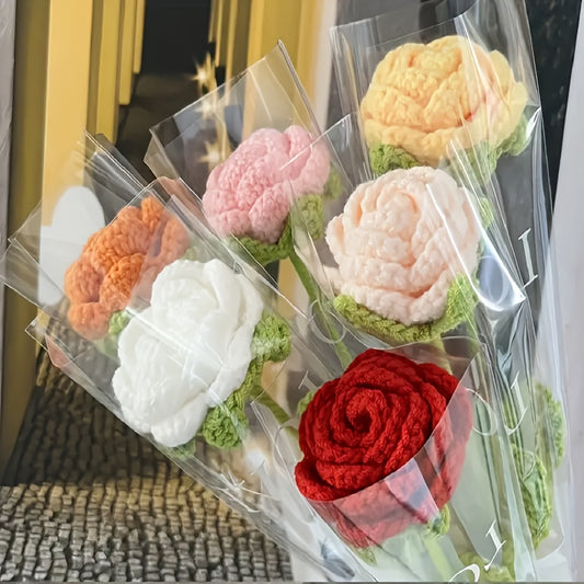 Lifelike Handmade 6-Pack Crochet Roses - Featherless, No Battery Required, Ideal for Valentine's, Mother'S Day & Birthday Gifts