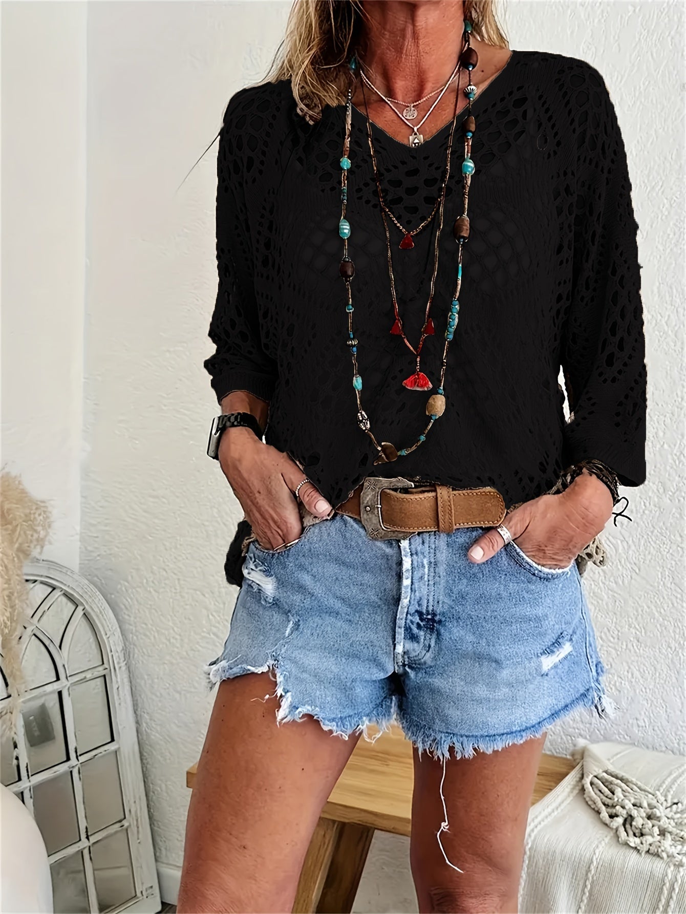 Women's Boho Chic Crochet V-Neck Sweater - Lightweight, Batwing Sleeve, Beach-Ready Knit Top in Solid Green, Breathable Polyester, Perfect for Summer, Crochet Sweater