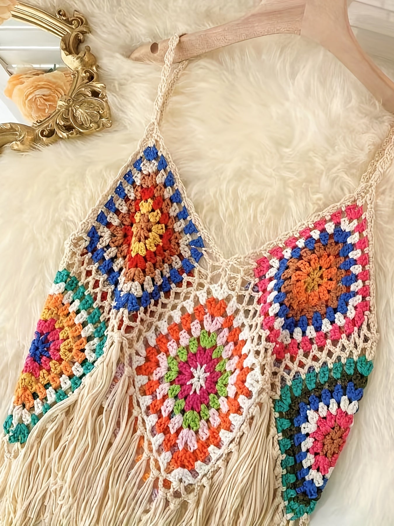 Colorful Boho Crochet Fringe Cami Top - V-Neck, Sleeveless, Versatile & Vacation-Ready, Handmade Acrylic Tassel Detail, Perfect for Layering