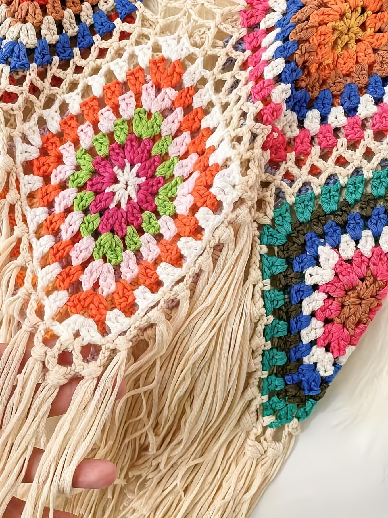 Colorful Boho Crochet Fringe Cami Top - V-Neck, Sleeveless, Versatile & Vacation-Ready, Handmade Acrylic Tassel Detail, Perfect for Layering