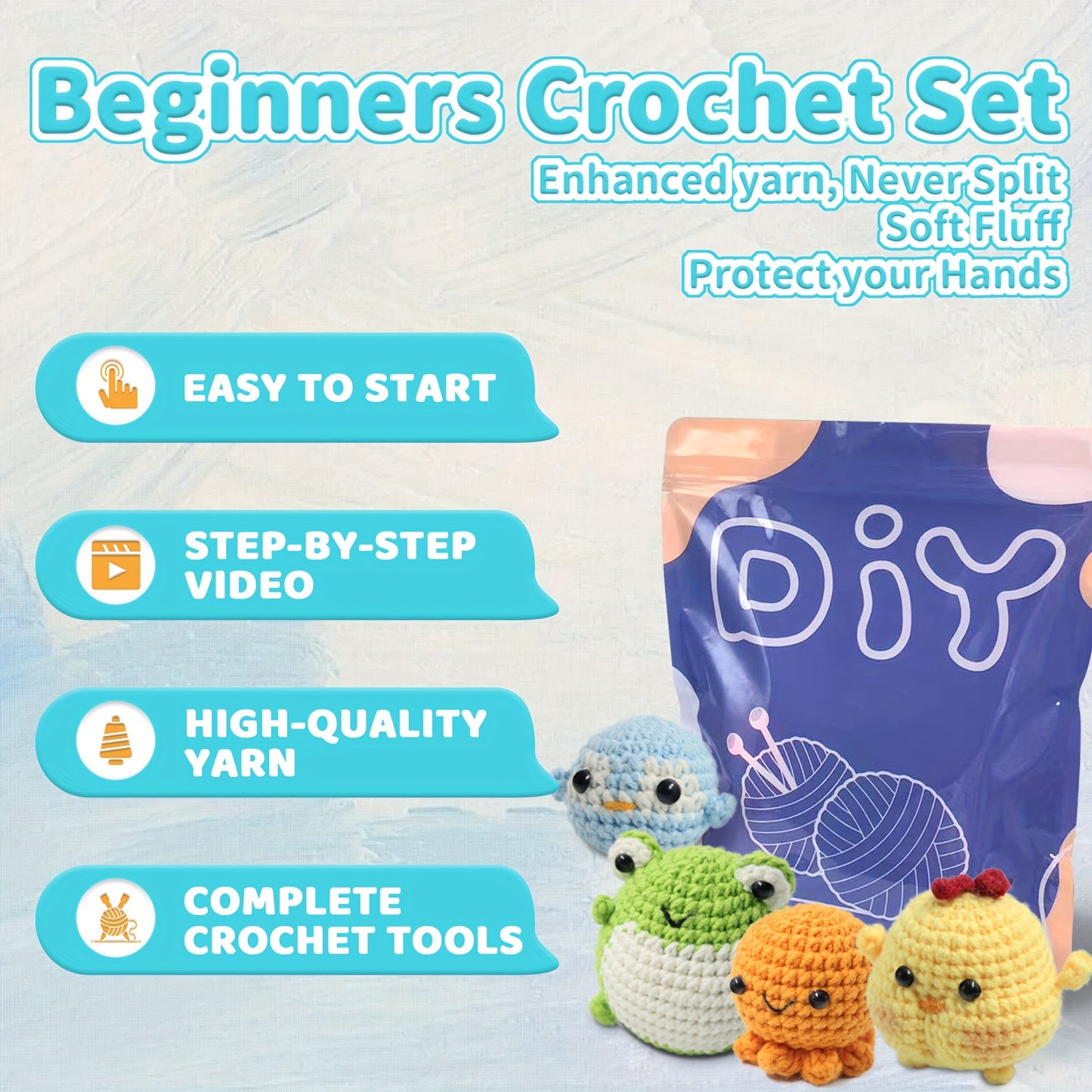 4pcs DIY Crochet Animal Kit - Perfect Knitting Kit To Crochet Animals - Easy-to-Follow Instructions, Enough Yarn, Hook, And Full Crochet Accessories And Supplies Included - Perfect For Beginners, Starter Kit For Creating Ador
