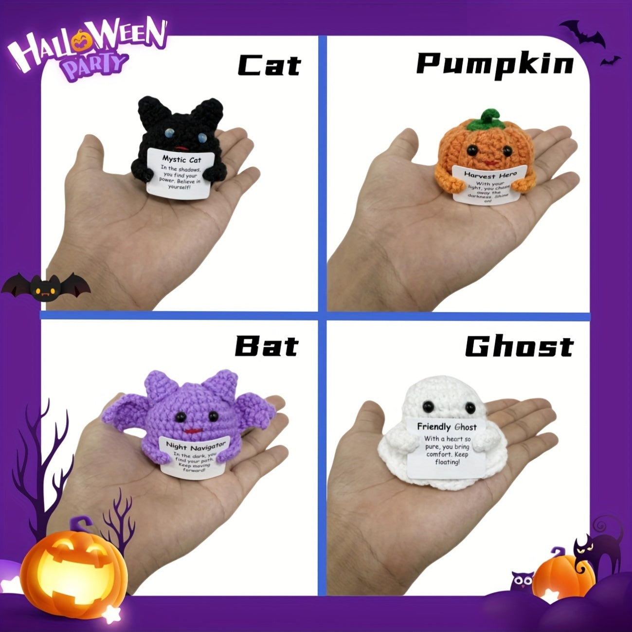 Halloween Knitted Wool Miniature Toy Set with Inspirational Cards - 2/4pcs Cotton Handmade Crochet Dolls for Encouragement, Party Favors, and Halloween Decor - General Fit, Electricity-Free, Featherless, Suitable for Ages 14+