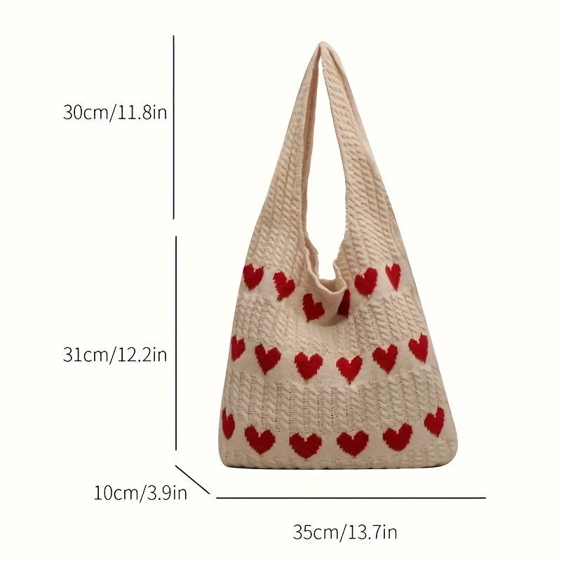 Chic Geometric Love Heart Crochet Tote, Durable, Casual Urban Style Shoulder Bag, Ideal Valentine's Gift & Fashion Accessory, Perfect for Everyday & Gift Giving