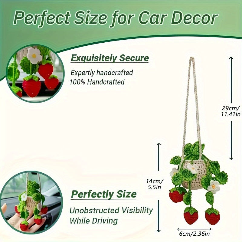 1pc Handmade Crochet Strawberry Car Hanging Ornament - Cute Knitted Decorative Pendant with Car Rearview Mirror Design, Green Leaf & Flower Accents, Car Interior Accessories, Creative and Creative Craftsmanship