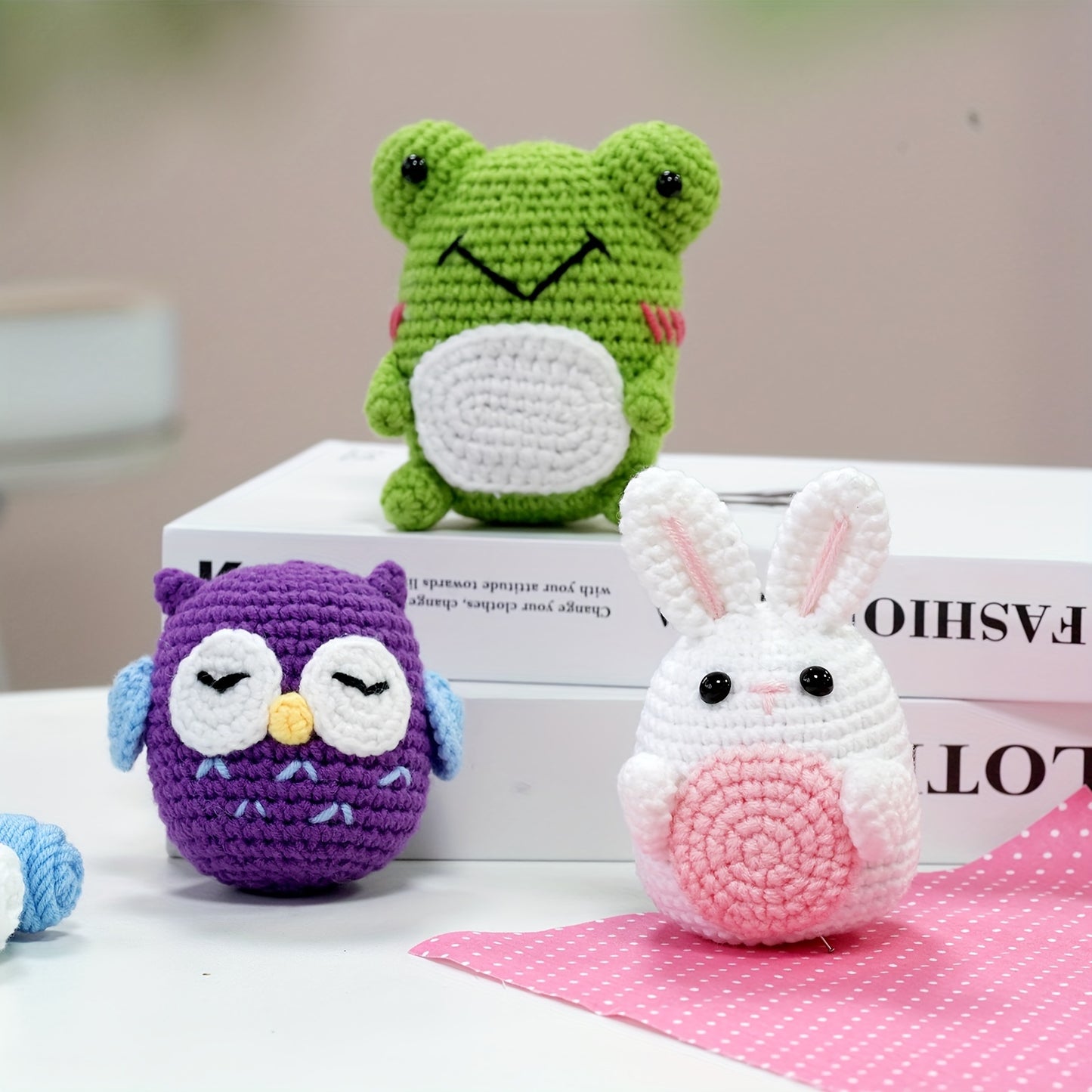 3pcs crochet kit material pack, handmade DIY made frog+owl+rabbit three in one set for dolls. Beginner crochet kit set with step-by-step instructions and video tutorials. Homemade birthday gift, doll art, crafts, and sewing s