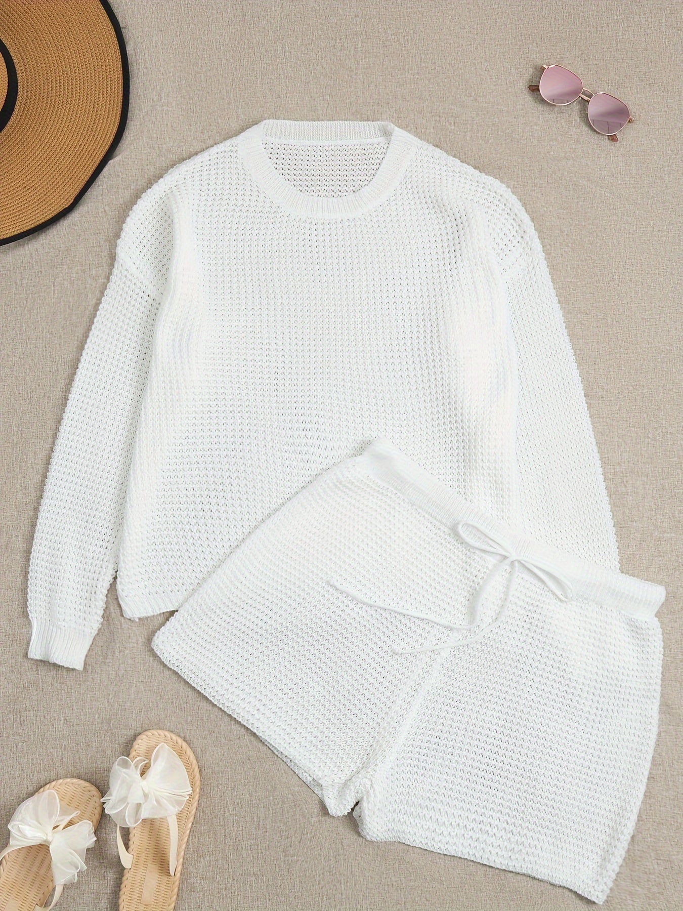 Plus Size Solid Crochet Two-piece Set, Cut Out Crew Neck Long Sleeve Top & Shorts Outfits, Women's Plus Size Clothing