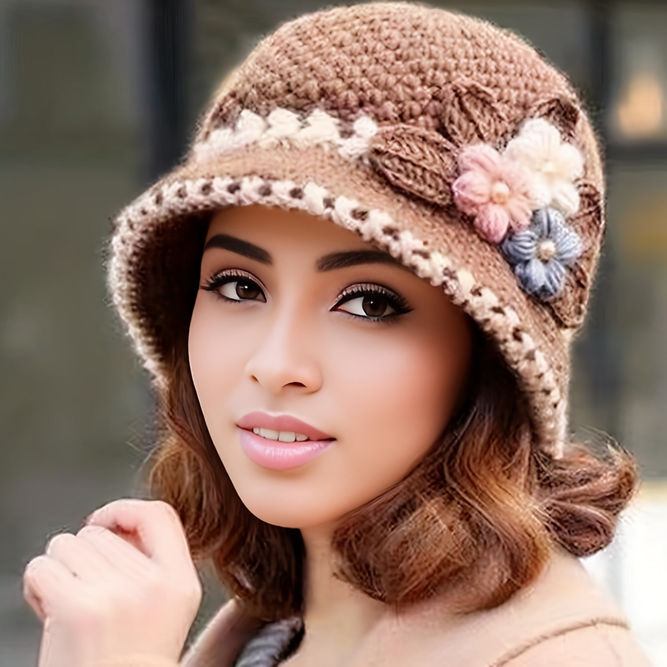 Vintage Flower Crochet Bucket Hat Thick Coldproof Basin Hats Warm Fisherman Cap For Women daily use Autumn & Winter