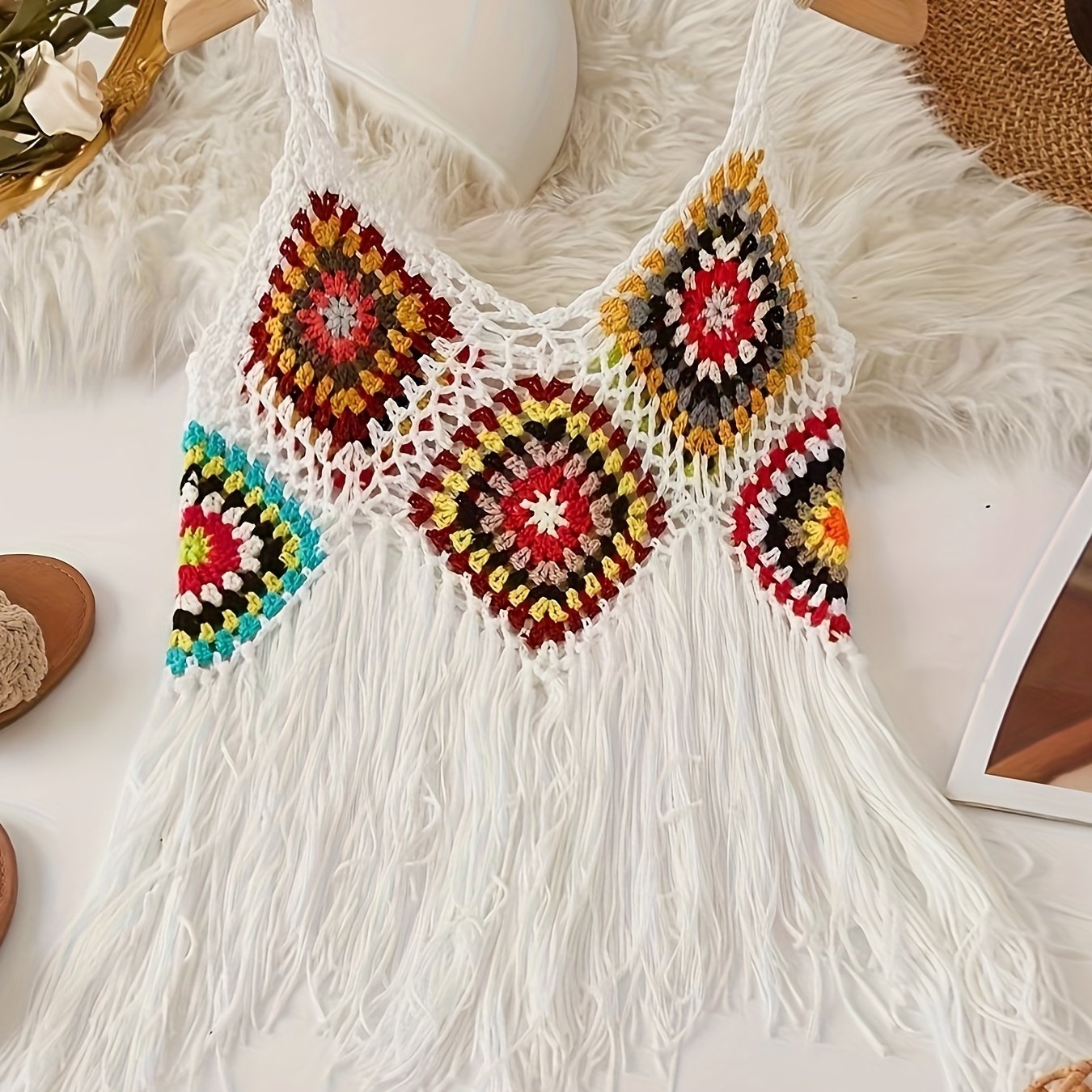 Colorful Boho Crochet Fringe Cami Top - V-Neck, Sleeveless, Versatile & Vacation-Ready, Handmade Acrylic Tassel Detail, Perfect for Layering