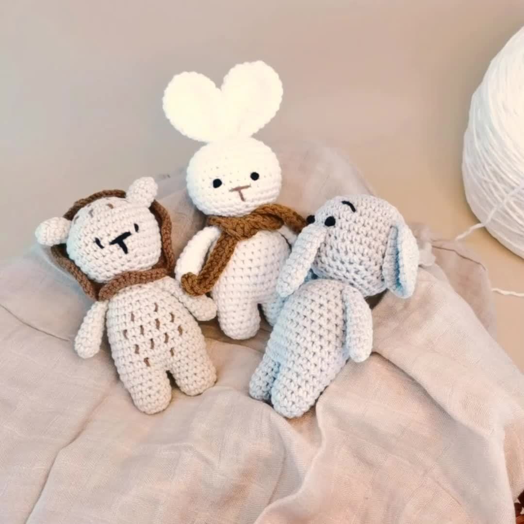 Handcrafted Crochet Animal Plush Toys - Elephant, Lion & Bunny - Soft Cotton Play Dolls in Khaki/Grey/White - Perfect Keepsake Gift