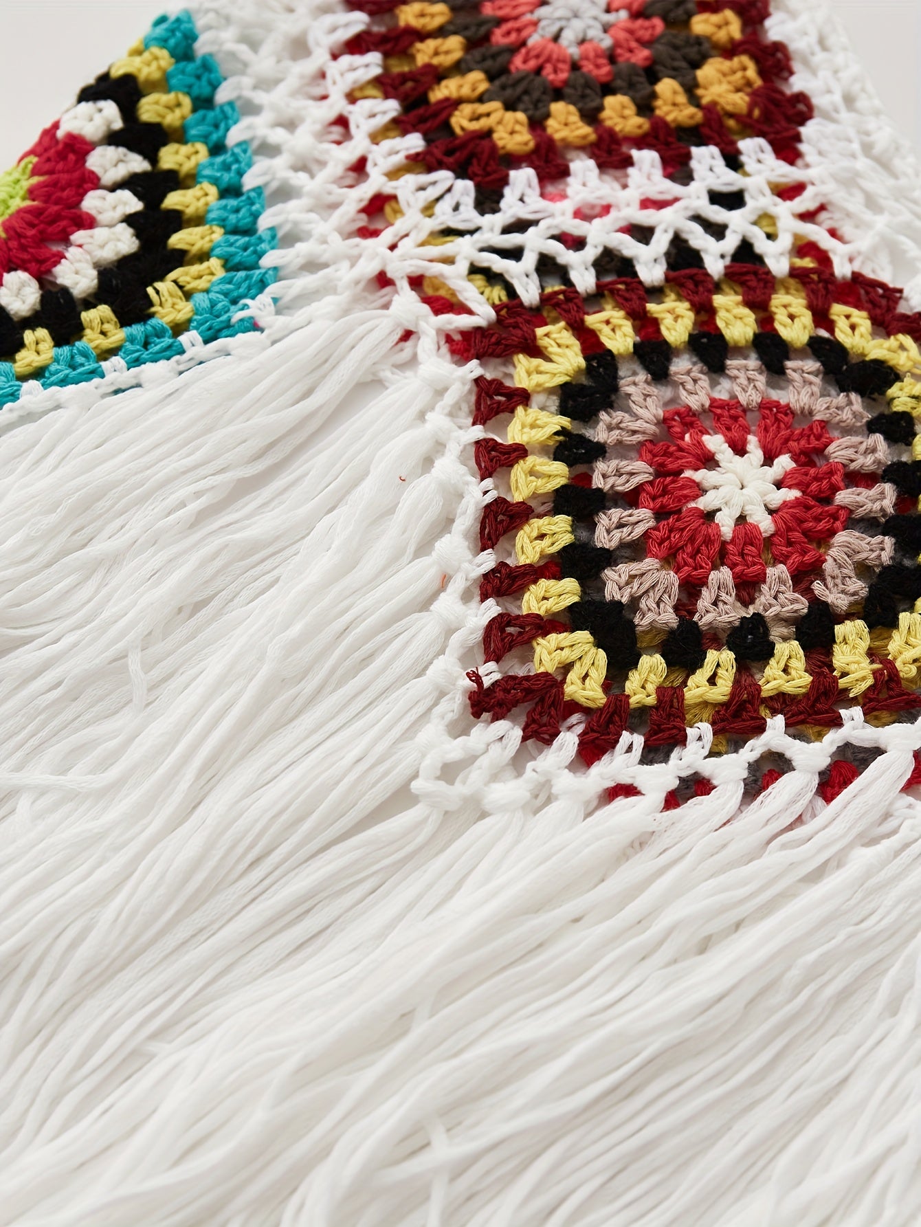 Colorful Boho Crochet Fringe Cami Top - V-Neck, Sleeveless, Versatile & Vacation-Ready, Handmade Acrylic Tassel Detail, Perfect for Layering